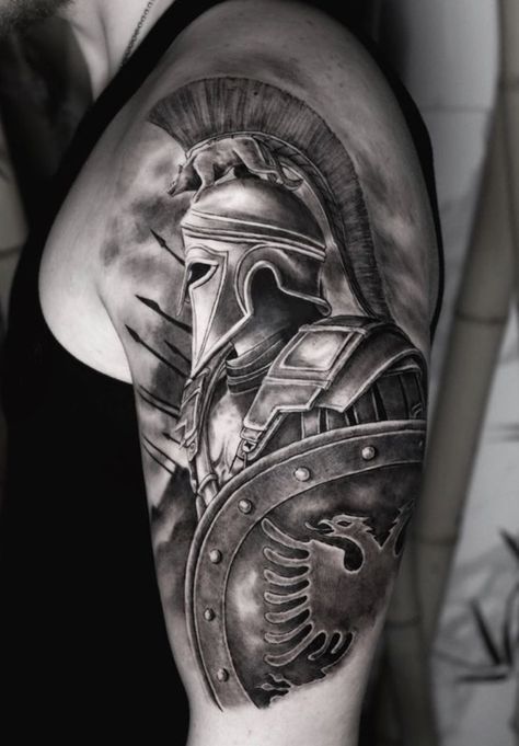 Tattoo Gladiator, Bushido Tattoo, Armor Of God Tattoo, Arm Cover Up Tattoos, Shoulder Armor Tattoo, Warrior Tattoo Sleeve, Shield Tattoo, Gladiator Tattoo, Soldier Tattoo