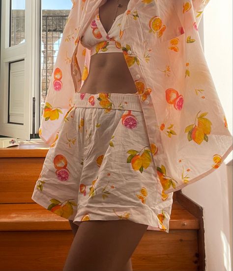 Cotton Pjs Aesthetic, Cute Floral Pajamas, Fruit Aesthetic Outfit, Summer Pjs Aesthetic, Fruit Clothes Aesthetic, Fruit Pjs, Colorful Pjs, Peach Pajamas, Fruit Pajamas