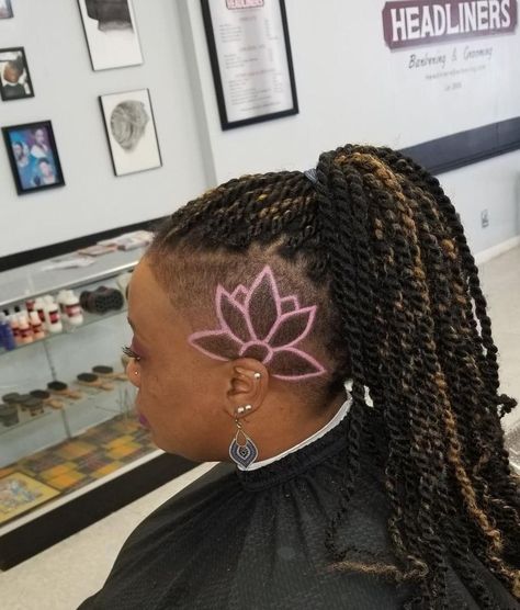 Designs For Shaved Sides, Hair Design Shaved, Shaved Head Designs Women Side, Flower Hair Design, Side Shave Design Simple, Flower Haircut, Shaved Sides Haircut, Lotus Flower Shaved Hair Design, Geometric Shaved Hair Designs