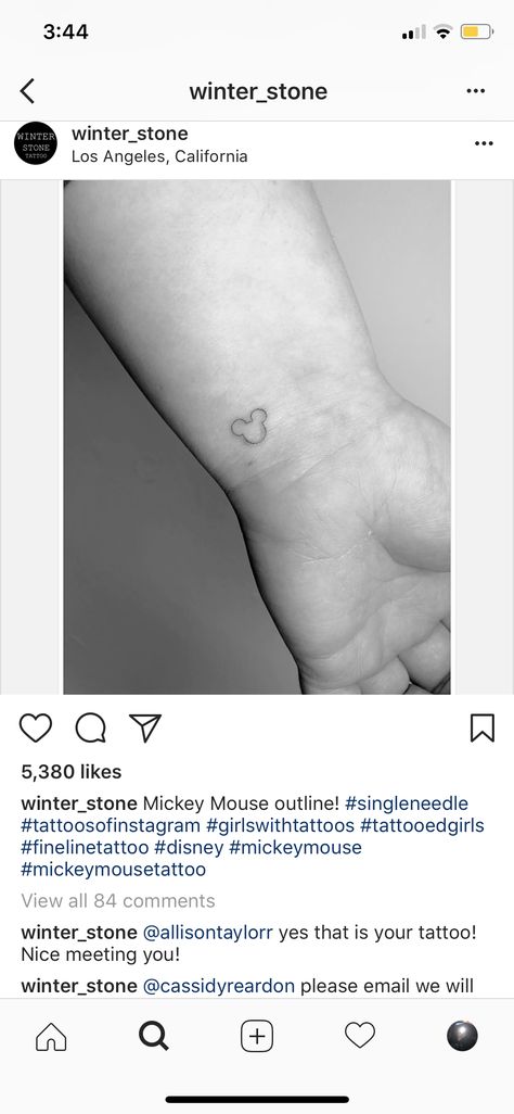 Fine Line Mickey Mouse Tattoo, Mickey Outline Tattoo, Micro Disney Tattoo, Mickey Mouse Outline, Mickey Tattoo, Mickey Mouse Tattoo, Daughter Tattoo, Mouse Tattoos, Nice Meeting You