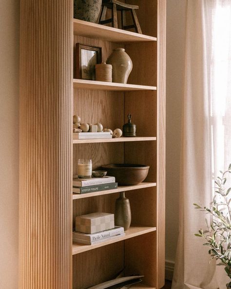 Lone Fox by Drew Scott on Instagram: “Sooooo, I made another bookcase! 😍 After sharing the bookcase for @archdigest I had quite a few requests for an in depth tutorial! Today…” Billy Bookcase Birch Veneer, Ikea Billy Doors Diy, Finnby Bookcase Hack, Birch Billy Bookcase, Billy Bookcase Display Cabinet, Curved Billy Bookcase, Billy Entryway, Ikea Hacks Shelves, Billy Bookcase Bar Cabinet