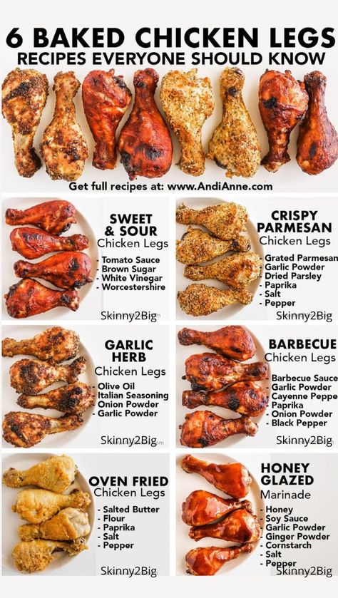 An image showing six different baked chicken leg recipes, each labeled with its flavor type, including Sweet & Sour, Garlic Herb, and Crispy Parmesan. Baked Chicken Legs Recipes, Full Chicken Recipes, Oven Fried Chicken Legs, Crispy Baked Chicken Legs, Chicken Legs Recipes, Fried Chicken Legs, Garlic Herb Chicken, Chicken Leg Recipes, Crispy Baked Chicken