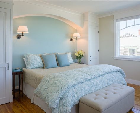 Bedroom Paint Color Ideas. The Paint Color in this Bedroom is Benjamin Moore Palladian Blue HC-144 in eggshell. #PaintColor #Bedroom #BenjaminMoore #PalladianBlue #HC144 Palladian Blue Bedrooms, Benjamin Moore Palladian Blue, Bedroom Paint Color Ideas, Bedroom Paint Color, Palladian Blue Benjamin Moore, Bedroom Storage Ideas, Blue Bedrooms, Palladian Blue, Coastal Style Decorating