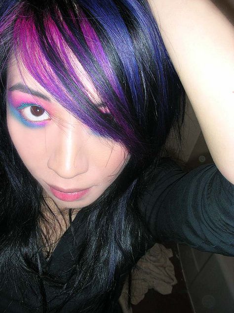 @Cristina Marie for my niece♥ pink, blue, purple on black color hair. Purple Black Hair, Pink And Purple Hair, Blue Black Hair, Black Hair Dye, Dark Hair With Highlights, Dyed Hair Inspiration, Honey Blonde Hair, Funky Hairstyles, Love Your Hair