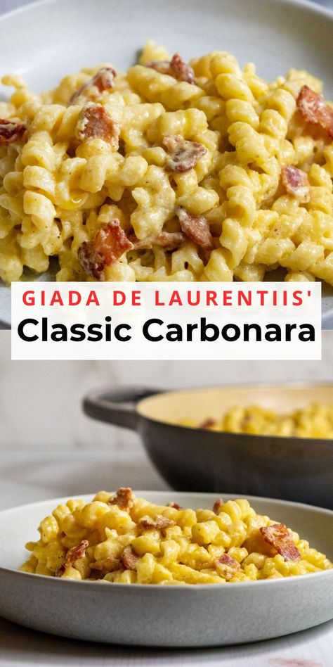 Giada Pasta, Classic Carbonara, Giada De Laurentiis Recipes, Pasta Carbonara Recipe, Giada Recipes, Simple Family Meals, Traditional Italian Dishes, Italian Pasta Dishes, Carbonara Recipe