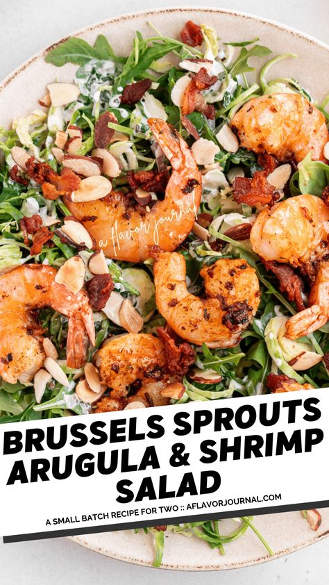 Brussels Sprouts & Arugula Salad with Shrimp, Bacon, and Buttermilk Dressing Shallot Dressing, Hearty Salad Recipes, Shredded Brussel Sprout Salad, Shredded Brussels Sprouts, Salad With Shrimp, Shrimp And Quinoa, Dressing Salad, Arugula Salad Recipes, Buttermilk Dressing