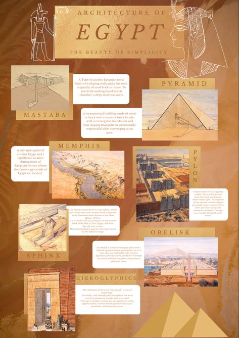 Digital Artifact of Architecture of Egypt (Photos not mine) History Sheets Architecture Presentation, Ancient Egypt Crafts Projects, Egypt Poster Design, Egypt Infographic, Egypt Background, Architectural Sheets, One Pager Design, Ancient Egypt Architecture, Egypt Photos