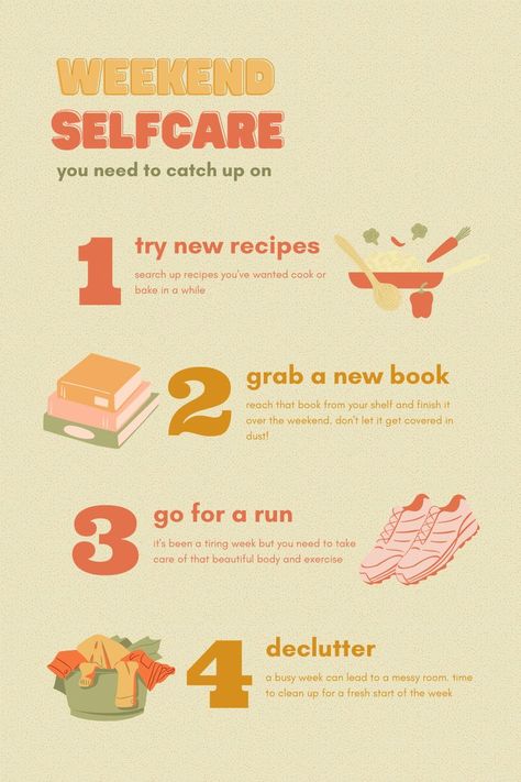 Leave your week behind and catch up on your cooking, reading, excercise, and cleaning. You deserve time for youself, so shut off the world and get to your weekend selfcare! Weekend Selfcare, Messy Room, Fresh Start, Healthy Habits, You Deserve, New Recipes, Take Care, The Weekend, New Books