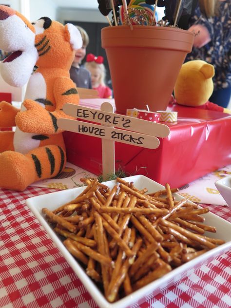 Eeyore House Sticks, Two Year Old Winnie The Pooh Party, Diy Pooh Birthday Decorations, Winnie The Pooh Birthday Party 2nd, Winnie The Pooh Birthday Treats, Classic Pooh First Birthday Party, Eeyore Food Ideas, Winnie The Pooh Themed Snacks, Winnie The Pooh Party Theme