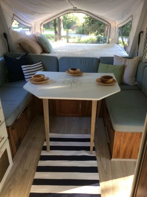 Diy Rv Remodel, Coleman Pop Up Campers, Pop Up Camper Trailer, Reuse Old Clothes, Glamper Camper, Classic Campers, Diy Rv, Stylish Curtains, Camper Renovation