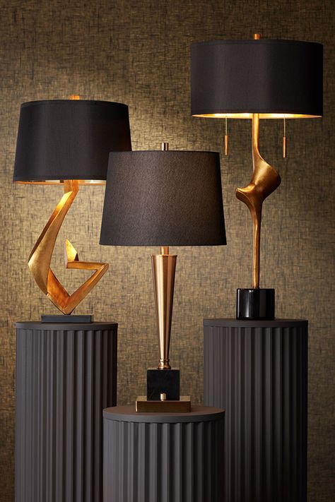 Black & Gold 🖤 💛 Black shades bring such a bold sense of style & luxury to these already stately gold table lamps. Use in the bedroom or living room for a rich sense of lighting luxury. Luxury Table Lamps Living Room, Luxury Lamps Living Room, Black Lamp Shades Living Room, Black And Gold Table Lamp, Table Lamps Living Room Modern, Gold Accessories Living Room, Golden Living Room Decor, Black And Gold Lamps, Lamp Ideas For Living Room