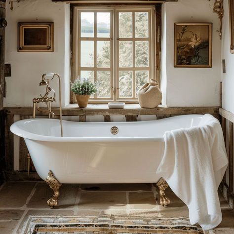 Rustic Bathroom Decor with a Clawfoot Tub Countryside Bathroom, Claw Bathtub, Cottage Core Bathroom, Clawfoot Tub Bathroom, Bathroom Things, Deep Bathtub, Countryside Style, Mid Century Minimalist, House Extension Design