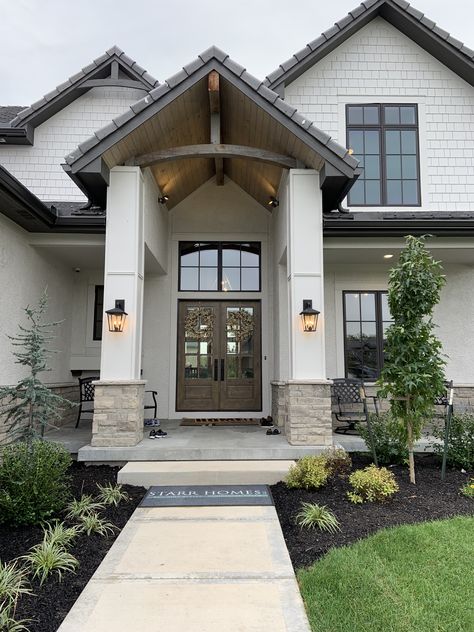 Board And Batten House Exterior With Stone, Gray Limestone House Exterior, Cottage Portico, Neutral House Colors Exterior, House Columns, Stone Entryway, White Exterior Houses, Exterior House Remodel, House Front Porch