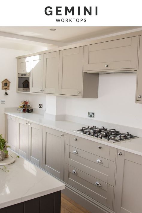 Neutral shaker style kitchen units with white quartz worktops. Kitchen design inspiration. Contemporary Shaker Kitchen, Alcove Ideas Living Room, Become More Flexible, Shaker Style Kitchen, Shaker Kitchen Cabinets, Shaker Style Kitchens, Muted Colours, Colour Inspiration, Shaker Kitchen