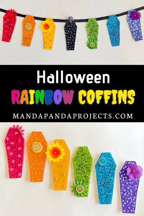 Diy Halloween Party Decorations, Colourful Halloween, Diy Decorations Party, Party Food Menu, Make A Banner, Coffin Halloween, Rainbow Halloween, Diy Halloween Party, Diy Party Crafts