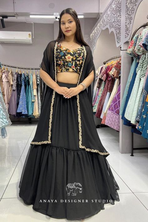 lehenga with shrug | crop top lehenga with shrug | shrug lehenga | black lehenga | black designer lehenga | black shrug lehenga | black lehenga choli with shrug |