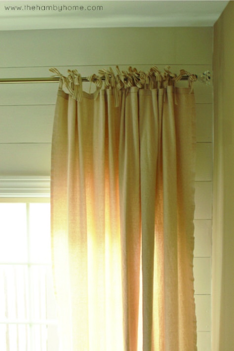 DIY Bow Tied Dropcloth Curtains with Ticking Stripe Ribbon Dropcloth Curtains, Diy Blackout Curtains, Muslin Curtains, Tie Top Curtains, Cloth Projects, Drop Cloth Projects, Ribbon Curtain, Future Bathroom, Tie Up Curtains