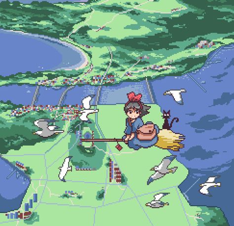 Pixelcore Aesthetic, Studio Ghibli Pixel Art, Ghibli Pixel Art, Daydreaming Art, Pixel Art Landscape, Studio Ghibli Background, 8 Bit Art, Piskel Art, Storybook Art