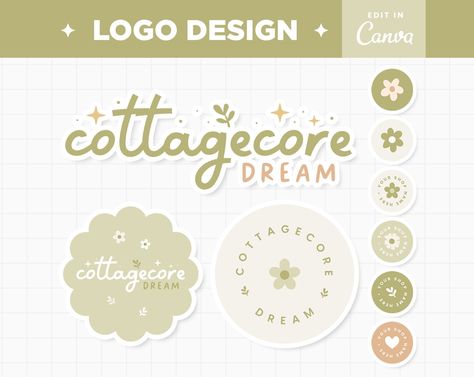 Cottagecore aesthetic logo design in sage green for boutique shop. Customize colors and Etsy Shop Logo Design, Cottagecore Fonts Canva, Etsy Shop Design, Cute Business Logo Ideas, Cottagecore Branding Design, Cottagecore Logo Design, Laundry Branding Design, Cottagecore Font, Nature Inspired Branding