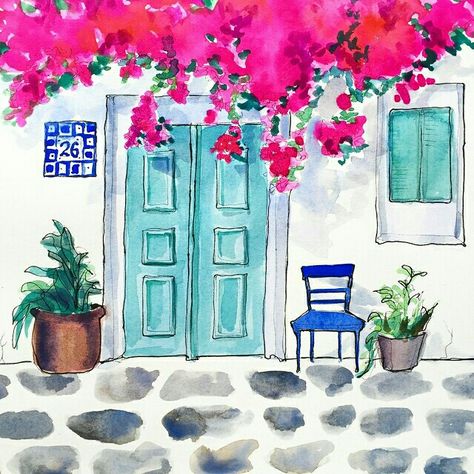 blue door Mamma Mia Art, Inslee Fariss, Illustration Design Graphique, Watercolor Architecture, Watercolor Paintings Easy, 수채화 그림, Watercolor Paintings Tutorials, Art And Illustration, Watercolor Inspiration