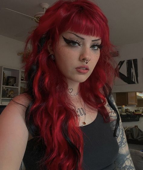 Red Black Hair With Bangs, Cool Alternative Hair, Medium Lenght Shag, Red Hair Black Eyebrows, Red Hair Black Bangs, Goth Bangs Hair, Alt Colored Hair, Bright Red Hair With Bangs, Red And Black Hair Curly