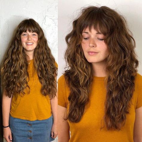 Bangs Shag, Long Layered Curly Hair, Wavy Layered Hair, Hairstyles Bangs, Long Curly Haircuts, Hair Layered, Layered Curly Hair, Blond Balayage, Thick Wavy Hair