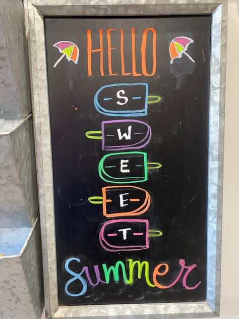 Welcome Chalkboard Ideas, Popsicle Chalkboard Art, June Dry Erase Board Ideas, Decorative Chalkboard Ideas, Welcome Back Chalkboard Ideas, Pool Chalkboard Art, Colorful Chalkboard Art, Summer Restaurant Chalkboard, Happy Summer Chalkboard Art