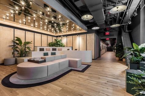 WeWork’s first gym in opens in New York City’s Financial District - Curbed Gym Entry Design, Fitness Gym Interior, Third Space, Collaboration Area, Gym Club, Lounge Interiors, Gym Interior, Wellness Club, Interior Accents