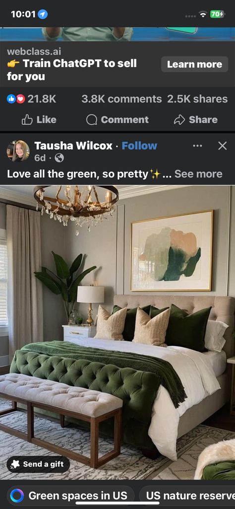 Green Luxury Bedroom, Green Bedroom Ideas Aesthetic, Green Bedroom Colors, Sage Green Bedroom Ideas, Green Bedroom Ideas, Maine Decor, Green Luxury, Bedroom Ideas Aesthetic, Sage Green Bedroom