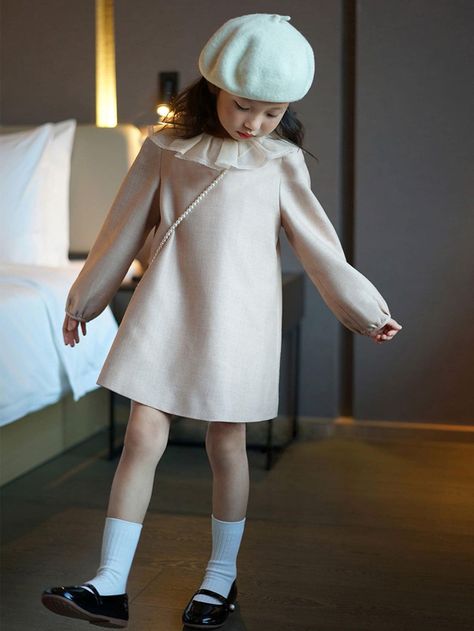 Apricot Party Collar Long Sleeve Fabric Plain Tunic Embellished Slight Stretch Spring/Fall,Winter Toddler Girls Clothing Luxury Baby Clothes, Long Sleeve Collared Dress, Kids Winter Outfits, Winter Outfits For Girls, Kids Dress Wear, Summer Outfits Kids, Lantern Sleeve Dress, Stylish Kids