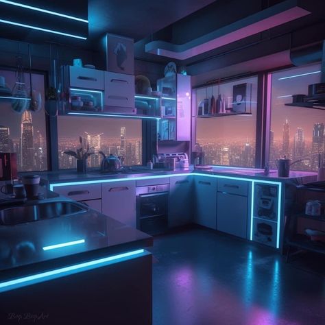 Scifi Room Aesthetic, Vaporwave Home Decor, Vaporwave Interior Design, Vaporwave Kitchen, Vaporwave Apartment, Vaporwave Office, Cyberpunk Bedroom Ideas, Vaporwave House, Cyberpunk House Interior