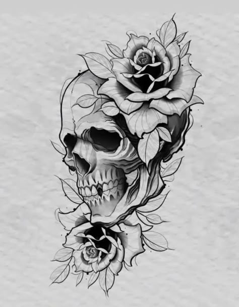 Unholy Tattoo Design, Skull Tattoo Design Women, Skull With Roses Drawing, Skull Rose Drawing, Skull Rose Tattoo Design, Skull And Roses Tattoo Design, Skull And Flowers Tattoo Design, Skull And Rose Tattoo Design, Skull With Roses Tattoo