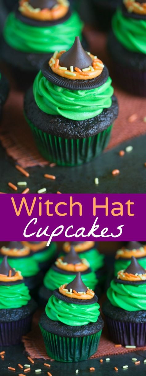 Witch Hat Cupcakes, Easy Halloween Cupcakes, Hat Cupcakes, Glutenfri Baking, Halloween Food Cupcakes, Halloween Deserts, Weight Watcher Desserts, Postres Halloween, Dessert Halloween