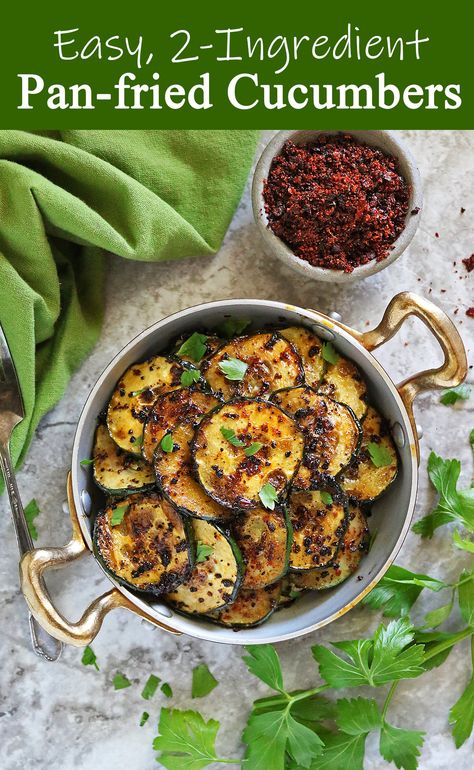 In this easy, 2-Ingredient Pan Fried Cucumbers recipe, cucumbers are gently pan-charred with a generous sprinkle of harissa. Fried Cucumbers, Cooked Cucumber, Healthy Potatoes, Appetizer Meatballs, Healthy Appetizer Recipes, Drink Inspiration, Cucumber Recipes, 2 Ingredient, Party Food Appetizers