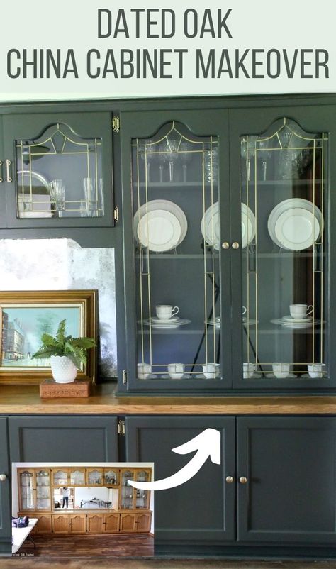 See how this blogger transformed a dated oak china cabinet from the 1970's to a beautiful piece that looks updated for the times. The paint color, Waller Green, is sophisticated and timeless. It's a gorgeous dark green that works with all decor styles. #greencabinets #paintedchinacabinet #builtinchinacabinet Update Old China Cabinet, Glass Cabinet Redo, Built In China Cabinet Makeover, Built In China Hutch, Green China Cabinet, Oak China Cabinet, China Cabinet Redo, Built In China Cabinet, China Cabinet Makeover