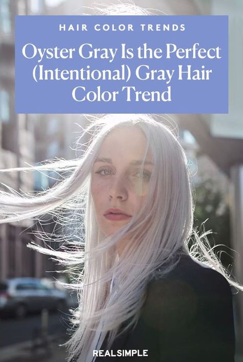 Bleaching Gray Hair, Oyster Gray Hair, Oyster Hair Color, Deep Winter Grey Hair, Oyster Grey Hair, How To Get Silver Hair At Home, White Gray Hair Color, Dyed Gray Hair, Gray Hair Blue Eyes