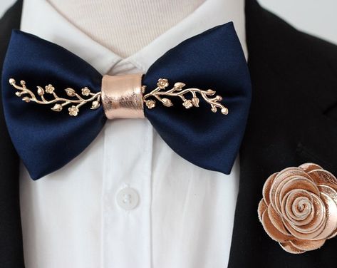 Etsy :: Your place to buy and sell all things handmade Rose Gold Wedding Accessories, Tuxedo Bow Tie, Blue Boutonniere, Mens Bowtie, Gold Bow Tie, Groomsmen Gift Set, Groomsmen Bowtie, Gold Outfit, Wedding Groomsmen