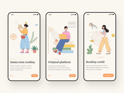 reading app onboarding page by hazy Onboarding App Design, App Welcome Page, Onboarding App, App Onboarding, Onboarding Ui, App Illustration, Ui Illustration, Ui Ux 디자인, Wireframe Design