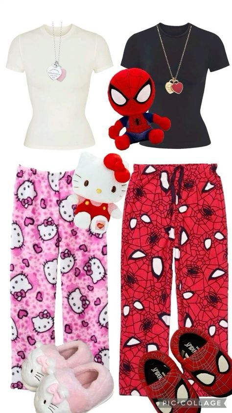 Bsf Matching Outfits, Matching Outfits For Besties, Spiderman Pyjamas, Hello Kitty And Spiderman, Relatable Photos, Hello Kitty Pajamas, Bff Matching Outfits, Bff Matching, Matching Outfits Best Friend