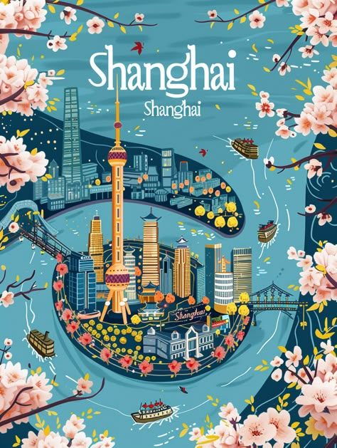 #Shanghai #Infographic #Landmarks #CartoonIllustration #LightBlueTones #OrientalPearlTvTower #ShanghaiTower #ShanghaiJinmaoTower #HuangpuRiver #3:4AspectRatio #TheCandie Shanghai Design, China Cartoon, Maps Illustration, Shanghai Map, City Maps Illustration, Shanghai Skyline, Shanghai Tower, Inspirational Digital Art, China Map