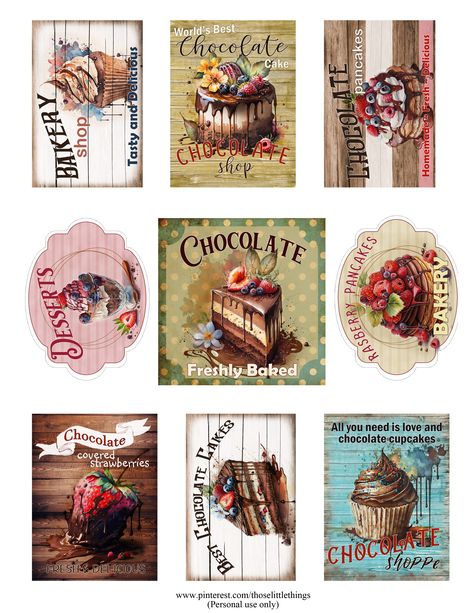 Bakery Printables, Printable Dollhouse Miniatures, Bakery Chocolate Cake, Vintage Labels Printables Free, Vintage Labels Printables, Printable Dollhouse, Vintage Bakery, Miniature Bakery, Dollhouse Miniature Tutorials