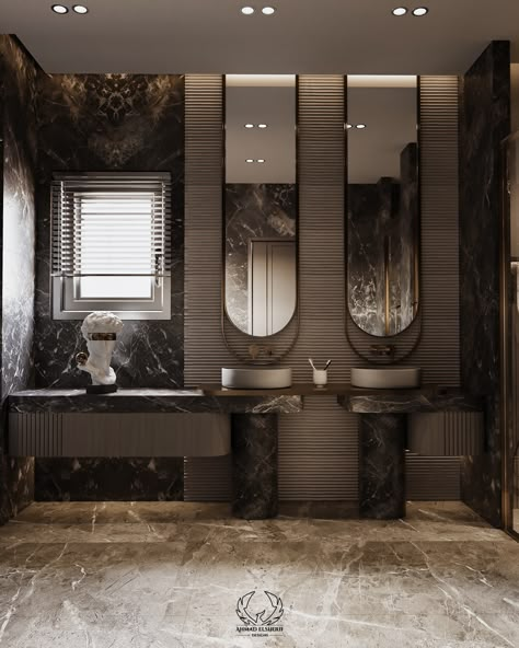 A fabulous bathroom with elegant neo-classic aspects in a dark color scheme for a dramatic effect. Using rich, dark materials, delecate fixtures, and smart lighting to create a timeless and regal environment.

#dramatic_interior #bathroom_interior #neoclassic_interior #neoclassic_design #home_decor Classic Hotel Design, Neo Classic Interior Design Luxury, Hotel Bathroom Design Luxury, Luxury Washroom Design, Interior Neoclassic, Luxurious Bathroom Design, Neoclassic Design, Neo Classical Interiors, Dramatic Interior