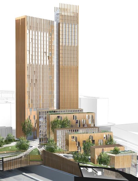 High Rise Design, Timber Skyscraper, High Rise Facade, Wooden Skyscraper, High Rise Architecture, Terrace Building, Apartments Exterior, Wood Facade, Timber Architecture