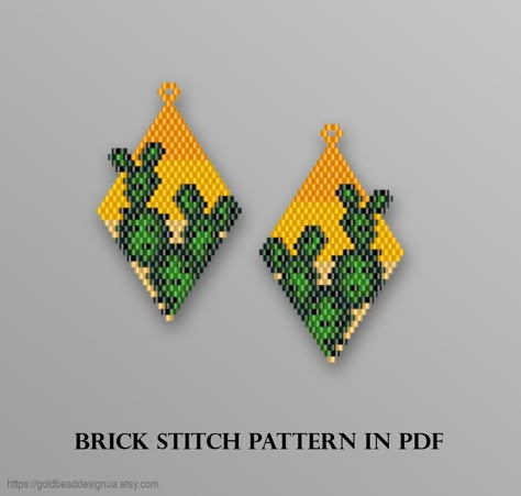 This is an instant DIGITAL download PDF pattern. Cactus in the desert - beaded earrings pattern, Summer Cactus earrings, Cactus succulent earrings jewelry bead pattern PDF download THE PDF FILE INCLUDES: 1. Pattern 2. Bead Legend: color, name, number, and quantity of beads 3. A large, detailed, numbered graph of the pattern  (One in color and one without color) 4. A word chart of the pattern To browse more of my patterns please follow the link: https://goldbeaddesignua.etsy.com Only pattern, not step-by-step tutorials. This pattern does not include instructions on how to do this stitch. You have to be familiar with the Peyote or Brick Stitch technique. The PDF will be ready for download after the payment is received. Pattern is made for Miyuki Delica size 11/0. But you can use round beads Cactus Beaded Earrings Pattern, Brick Stitch Palm Tree, Leaf Brick Stitch, Cactus Seed Bead Bracelet Pattern, Brick Stitch Flower Pattern, Brick Stitch Tutorial, Cactus Jewelry, Cactus Earrings, Earring Kit