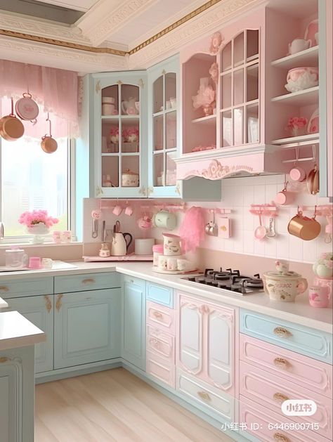 Cute Pink Kitchen, Pink And Blue Kitchen, Kitchen Cute, Romantic Kitchen, Cocina Shabby Chic, Pastel Kitchen, Desain Pantry, Pastel Home Decor, Kitchen Decor Ideas