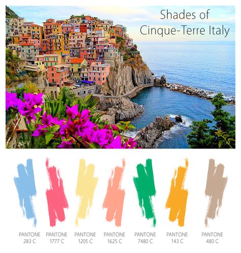 Color Palette of Cinque-Terre Italy - The Cottage Market Tuscan Decor Ideas, Mediterranean Color Palette, Beautiful Color Palettes, Cottage Market, Tuscan Design, Cinque Terre Italy, Mediterranean Home Decor, Pallet Garden, Tuscan Decorating