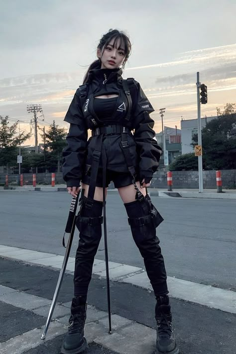 outfit ideas Gothic Cyberpunk Outfit, Cyberpunk Wear Outfit, Modern Cyberpunk Fashion, Futuristic Streetwear Fashion, Cyberpunk Woman Outfit, Techwear Cyberpunk Women, Tech Ware Outfits, Feminine Techwear, Cyberpunk Outfit Reference