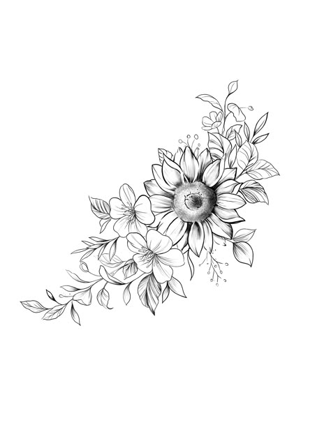 Thigh Tattoos Floral, Tattoos Upper Thigh, Thigh Hip Tattoo Women Unique, Flower Cluster Tattoo, Unique Sunflower Tattoos For Women, Tattoos Women Thigh, Sunflower Thigh Tattoo, Side Thigh Tattoos Women, Thigh Piece Tattoos