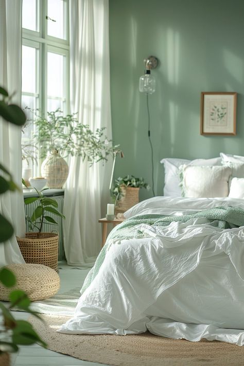 29 Sage Green Farmhouse Bedroom Ideas for a Fresh Update - My Elegant Home Sage Green Room Accents, Mint Walls Bedroom, Light Green Room Decor, Rosemary Bedroom, Sage Green Farmhouse Bedroom, Green Farmhouse Bedroom, Sage Green Farmhouse, Light Green Rooms, Girls Bedroom Green