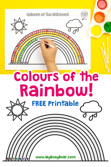 Rainbow Qtip Art, Q Tip Rainbow Painting, Rainbow Directed Drawing, Qtip Painting Ideas Preschool, Q Tip Art For Kids, Rainbow Activity For Kids, Painting Worksheets For Kids, Qtip Painting Printables Free, Printable Rainbow Template